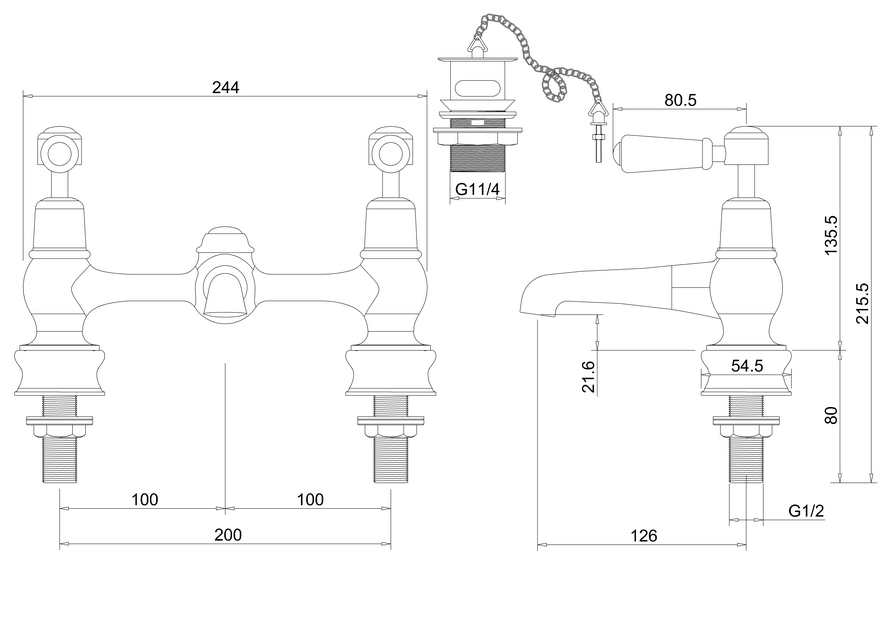 картинка Смеситель для раковины с ручкой Kensington белой на 2 отверстия regent, с пробкой и цепочкой от магазина Burlington Official